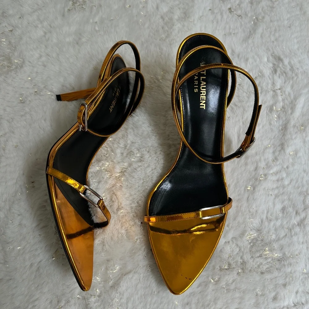 Saint Laurent Gold Orange Metallic Ankle-Strap Pointed Sandals